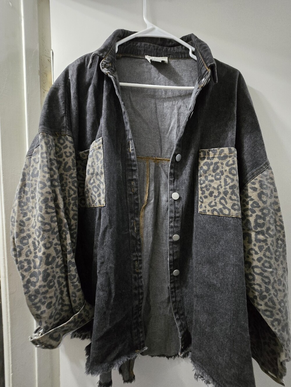 HYFVE Washed Black Denim Jacket with Leopard-Print Sleeves